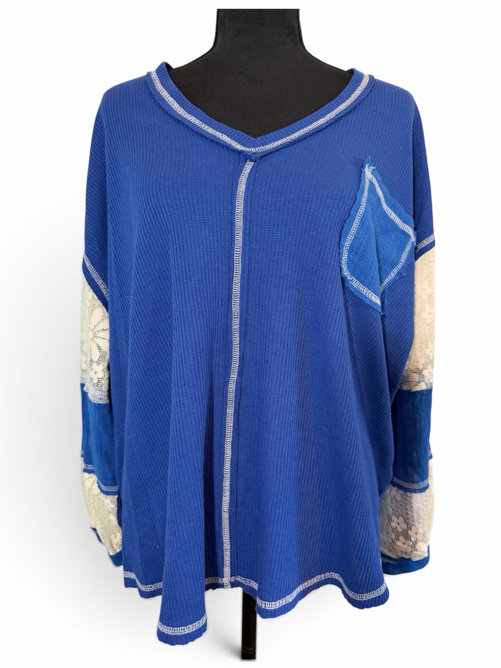 POL Royal Blue V-Neck Waffle Knit Top with Lace Sleeve Panels - Picture 1 of 7